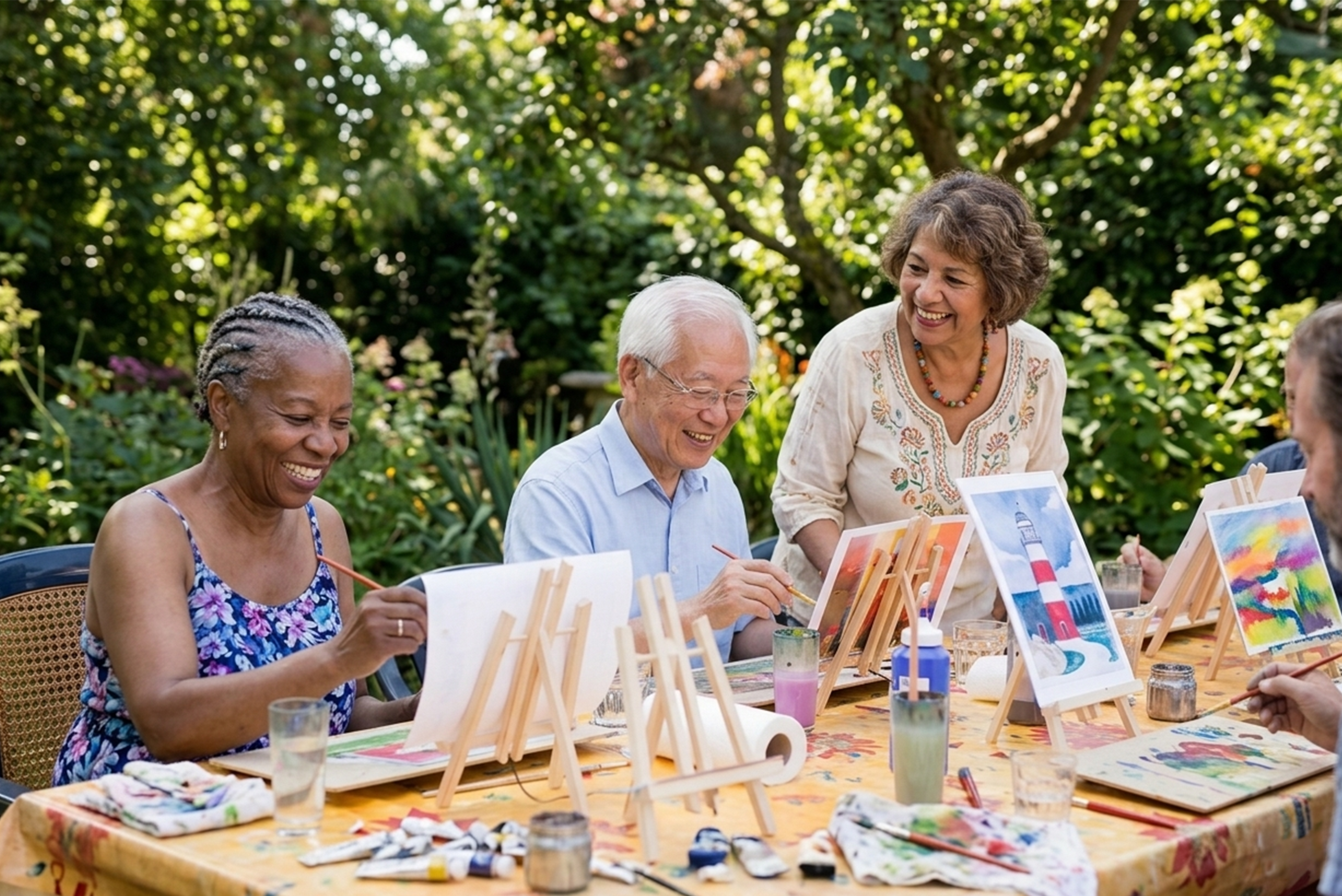 Senior living residents enjoying an art session